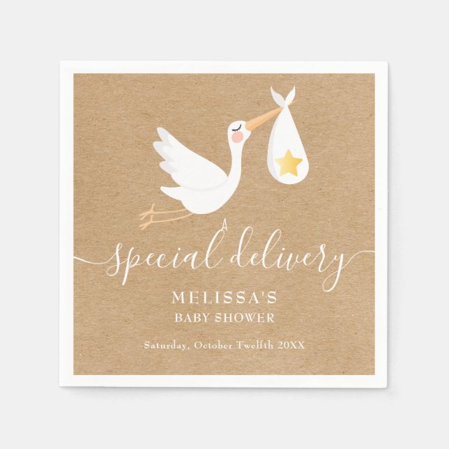 Rustic Special Delivery Stork Star Baby Shower Napkin (Front)