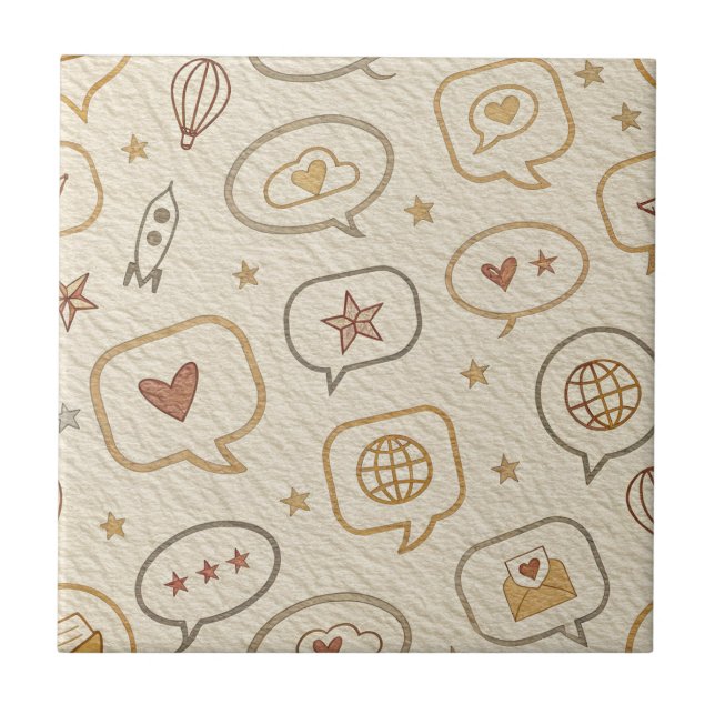 Rustic Speech Bubbles & Hearts Seamless Pattern Ceramic Tile (Front)