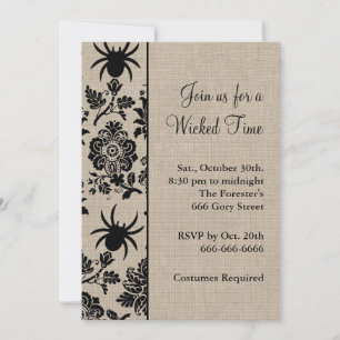 Rustic Spider Damask Halloween Invitation