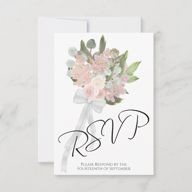 Rustic Spring Bouquet Coral Pink & Mauve Wedding RSVP Card (Front)