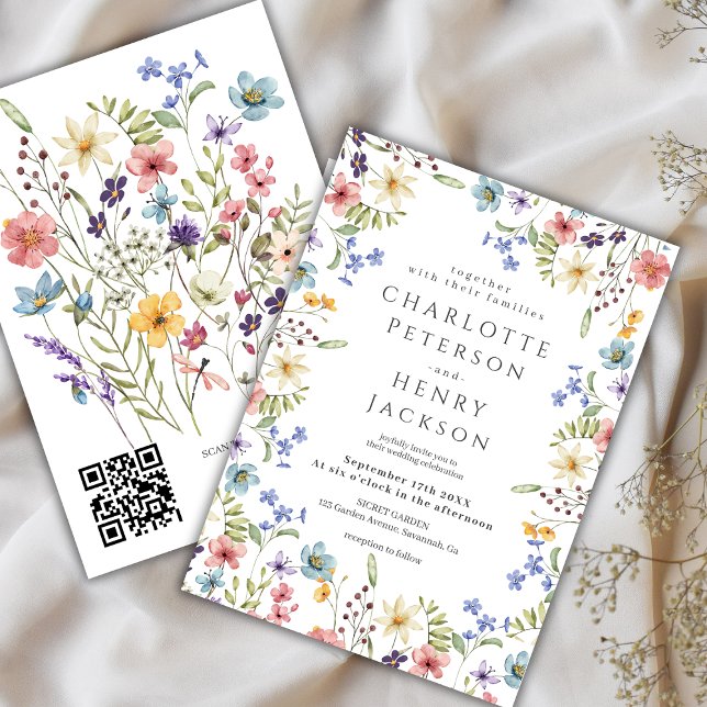 Rustic Spring Elegant Wildflower QR Code Wedding Invitation (Creator Uploaded)