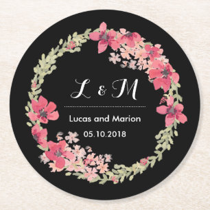 Rustic Spring Floral Wreath Monogram Wedding Party Round Paper Coaster