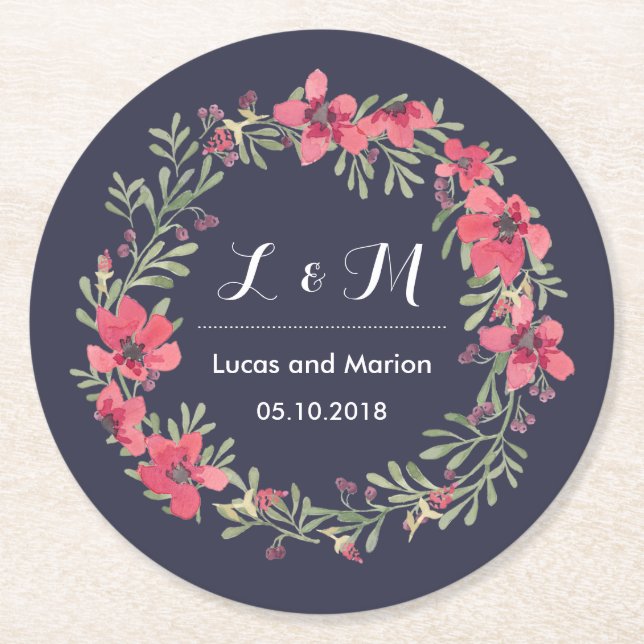 Rustic Spring Flower Wreath Monogram Wedding Party Round Paper Coaster (Front)