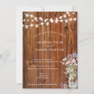 Rustic Spring Flowers Mason Jar String Lights Invitation