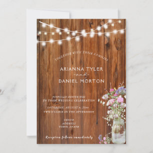 Rustic Spring Flowers Mason Jar String Lights Invitation