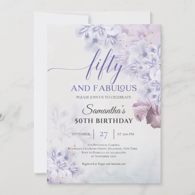 Rustic spring purple flowers fifty and fabulous invitation (Front)