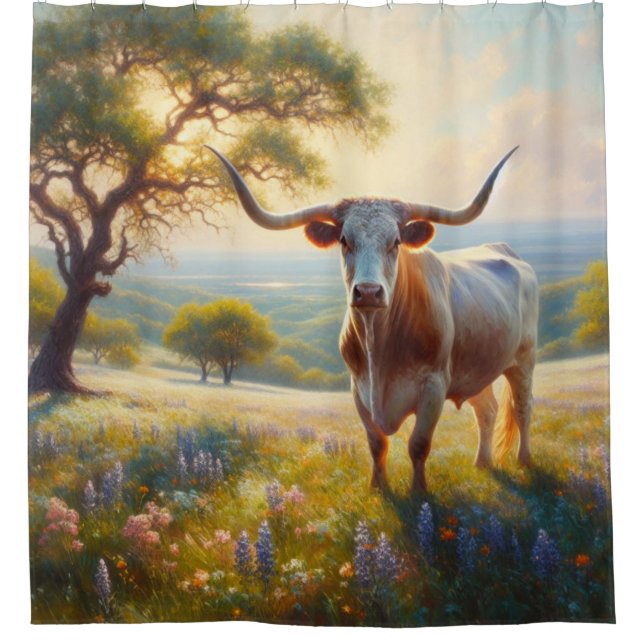Rustic, spring Texas longhorn in a field Shower Curtain (Front)
