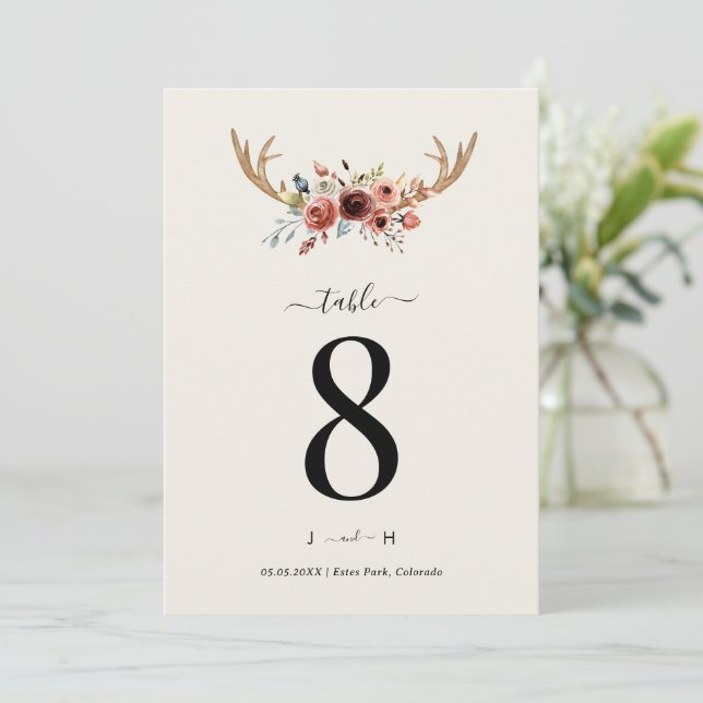 Rustic Stag Deer Antlers Wedding Table Number Card (Standing Front)