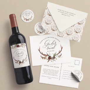 Rustic stag floral gender reveal baby shower wine label