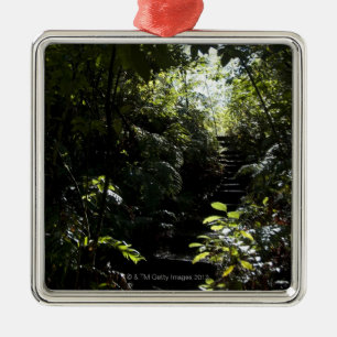 Rustic staircase/footpath in forest, sunlight metal ornament