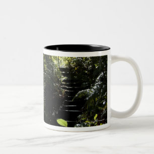 Rustic staircase/footpath in forest, sunlight Two-Tone coffee mug