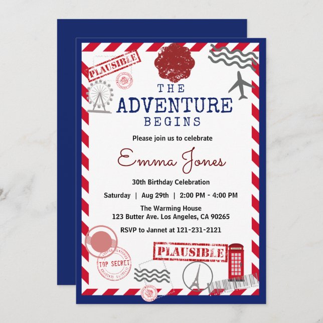 Rustic Stamp Destination Birthday Adventure Begins Invitation (Front/Back)