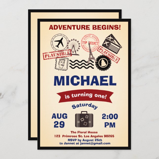 Rustic Stamp Destination Birthday Luggage Travels Invitation (Front/Back)