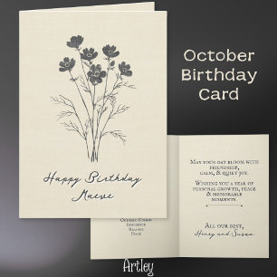 Rustic Stamped Cosmos October Birth Flower Linen Card