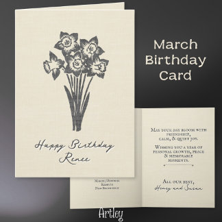 Rustic Stamped Daffodil March Birth Flower Linen Card