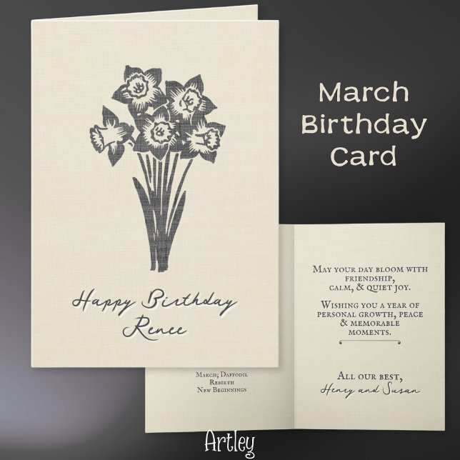 Rustic Stamped Daffodil March Birth Flower Linen Card (Creator Uploaded)