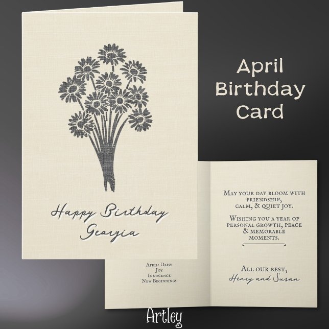 Rustic Stamped Daisy April Birth Flower Linen Card (Creator Uploaded)
