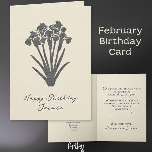 Rustic Stamped Iris February Birth Flower Linen Card