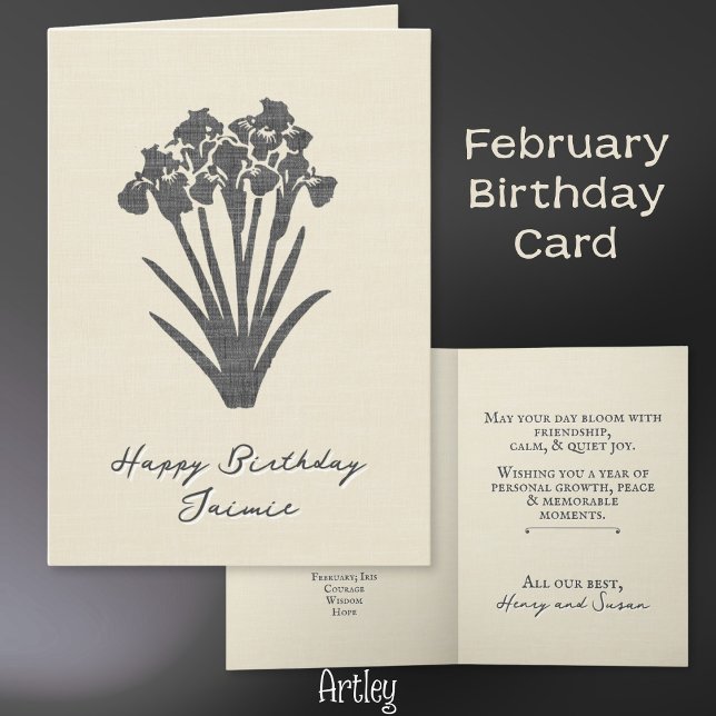 Rustic Stamped Iris February Birth Flower Linen Card (Creator Uploaded)