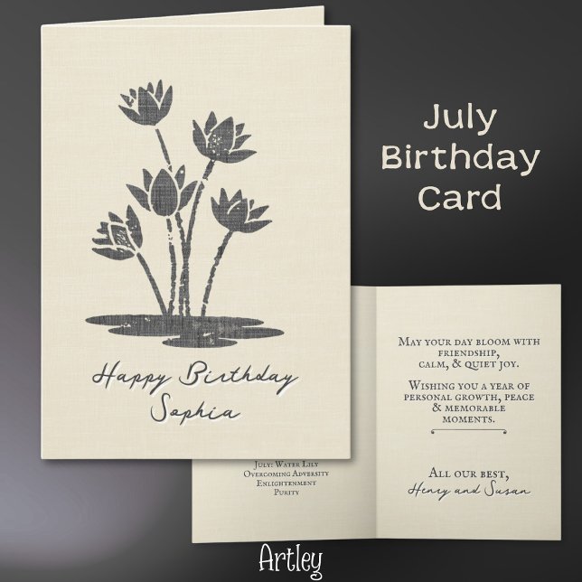 Rustic Stamped Water Lily July Birth Flower Linen Card (Creator Uploaded)