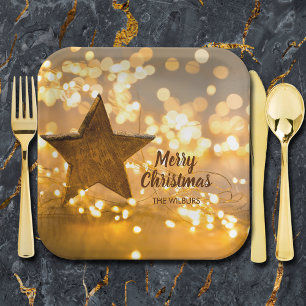 Rustic Star and Christmas Lights Paper Plate
