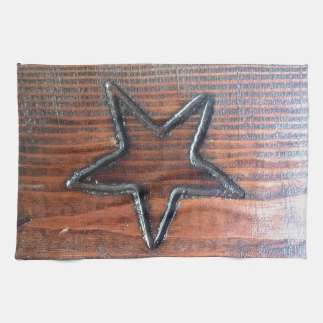 Rustic Star Burned into Wood Table Pyrography Tea Towel (Horizontal)