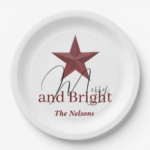 Rustic star Merry & Bright personalised Paper Plate