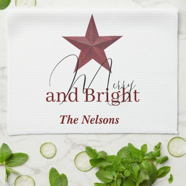 Rustic  star Merry & Bright personalised Tea Towel (Folded)