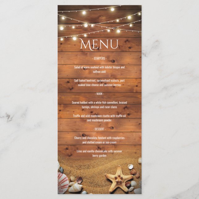Rustic Starfish Beach Lights Tropical Wedding Menu (Front)