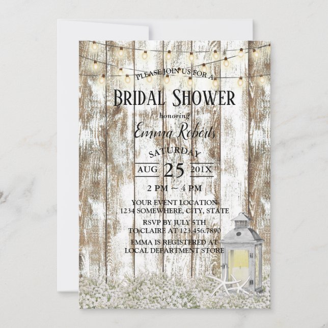 Rustic Starfish Lantern Barn Wood Bridal Shower Invitation (Front)