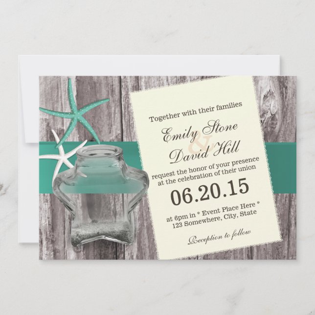 Rustic Starfish & Mason Jar Beach Wedding Invitation (Front)