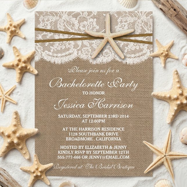 Rustic Starfish On Burlap Beach Bachelorette Party Invitation (Creator Uploaded)