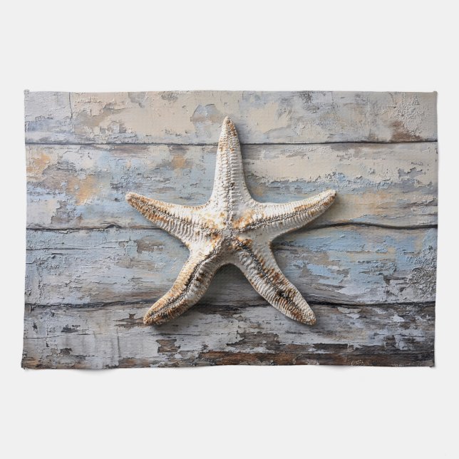 Rustic Starfish on Weathered Wood Tea Towel (Horizontal)