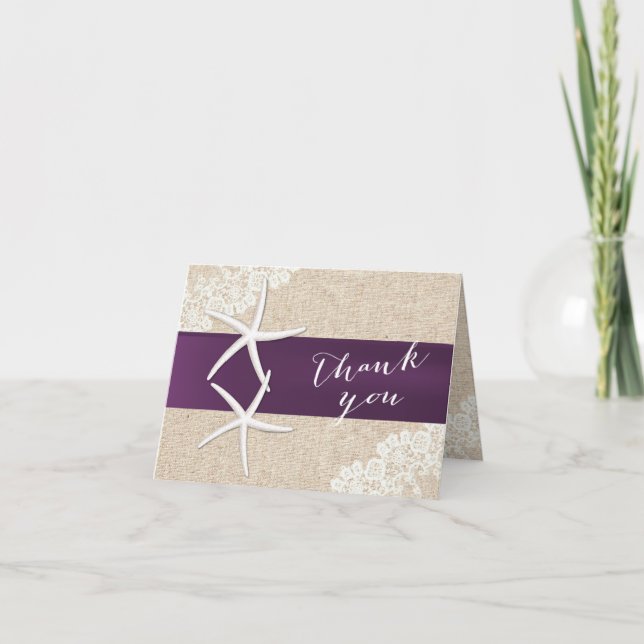 Rustic Starfish Purple Ribbon Vintage Thank You Card (Front)