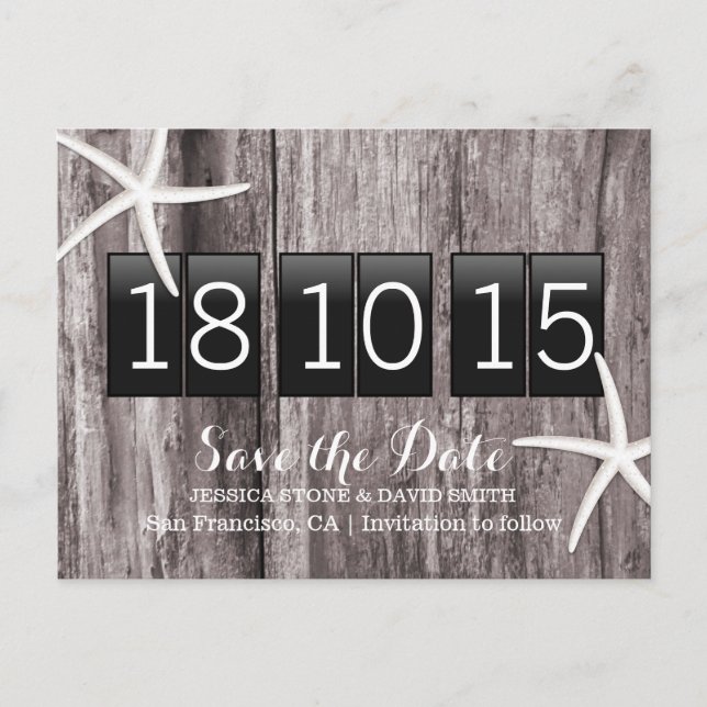 Rustic Starfish Wood Background Save the Date Announcement Postcard (Front)