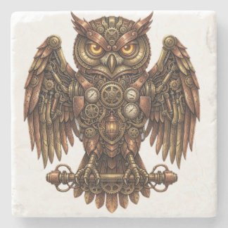 Rustic Steampunk Mechanical Owl Absorbent Stone Coaster