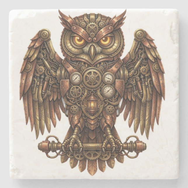 Rustic Steampunk Mechanical Owl Absorbent Stone  Coaster (Front)
