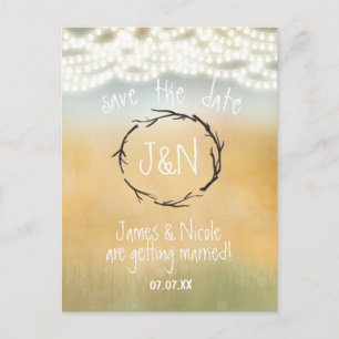 Rustic Sticks & String Lights Save Date Postcard