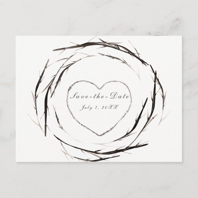 Rustic Sticks Twigs Branches Wreath Save the Date Announcement Postcard (Front)