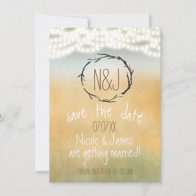 Rustic Sticks Wreath & String Lights Save The Date Invitation (Front)