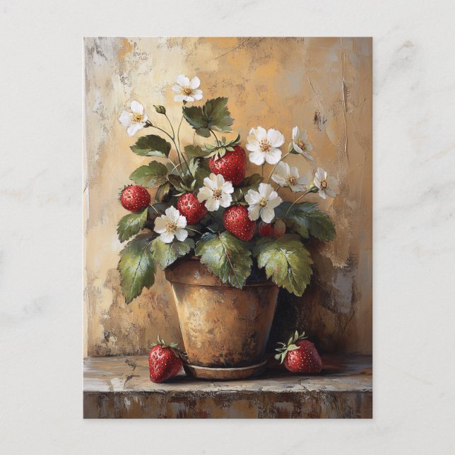 Rustic Still Life Strawberry Plant in a Pot Postcard (Front)