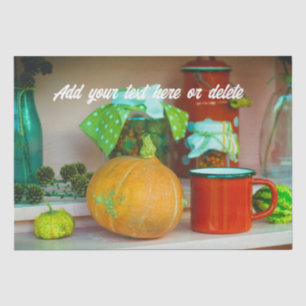 Rustic Still Life with a Pumpkin and a Red Mug Tissue Paper
