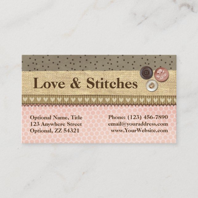 Rustic Stitched Ribbon & Buttons on Burlap Sewing Business Card (Front)