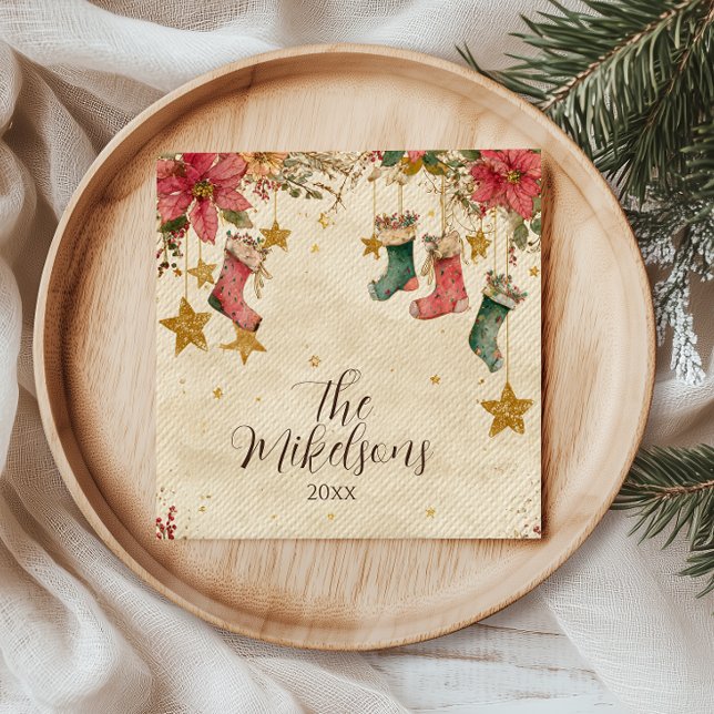 Rustic Stockings and Poinsettias Christmas Party Napkin (Creator Uploaded)