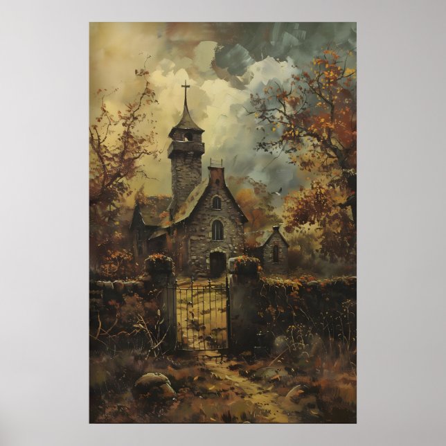 Rustic Stone Gothic Church Art, Vintage Autumn Poster (Front)
