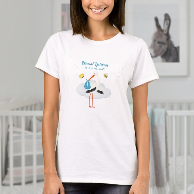 Rustic Stork with Bee & Butterfly Boy Baby Shower T-Shirt (Blue personalized tshirt for mom-to-be with stork, bee, butterfly for baby shower gift boy theme)