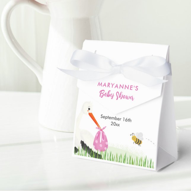 Rustic Stork with Bee & Butterfly Girl Baby Shower Favour Box (Cute rustic stork baby shower for girl favor box with white bow.)