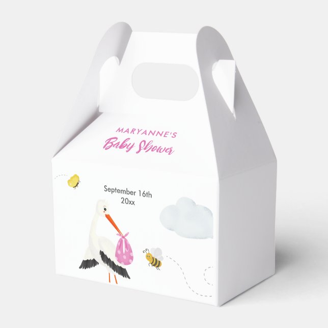 Rustic Stork with Bee & Butterfly Girl Baby Shower Favour Box (Front Side)