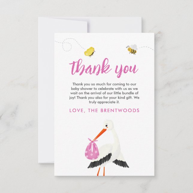 Rustic Stork with Bee & Butterfly Girl Baby Shower Thank You Card (Front)