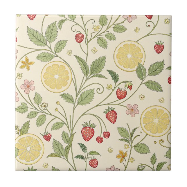 Rustic Strawberry & Citrus Earthy Pattern (1) Ceramic Tile (Front)